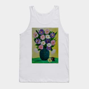 Some abstract flowers in purple and pink in a turquoise and gold vase . Tank Top